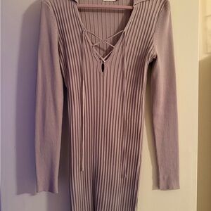 Lush Ribbed Lace-Up Long Sleeve Dress in Lavender